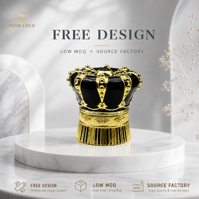 Beli Luxury Black Gold Rivet Crown Zinc Alloy Perfume Cap 3D Embossed Zamac Lid Custom Logo OEM ODM Sumber Pabrik Grosir pembuatan online