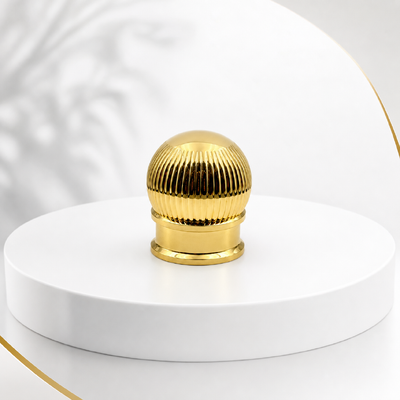 Beli Grosir Emas Berkilau Tinggi Garis Vertikal Bola labu Botol Parfum Tutup Dengan Double Tier Base Ribbed Spherical Zamac Closure OEM Custom Engrave Logo Timur Tengah Luxury Perfume Packaging pembuatan online