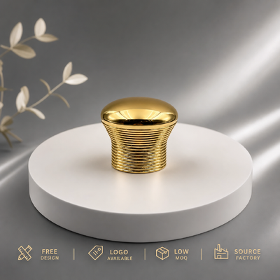 Beli Pabrik Custom Horizontal Grooved Thread Hourglass Mushroom Dome Mirror Gold Zinc Alloy Perfume Cap Model JHS027 OEM ODM Custom Engraved Logo Zamac Perfume Lid Untuk Botol Parfum Kaca Mewah Magnetic pembuatan online