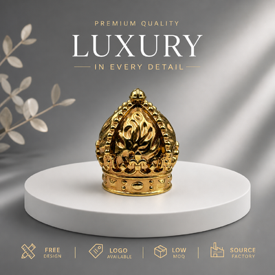 Beli Premium Royal Embossed Floral Beaded Crown Mirror Gold Zinc Alloy Perfume Cap Solid Heavy Zamac Metal Lid Untuk Designer Mewah Perfume Packaging Magnetic pembuatan online