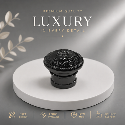 Beli Tutup Botol Parfum Zinc Alloy Lapisan Ganda dengan Relief Bunga Mutiara di Bagian Atas, Tutup Parfum Logam Hitam Ukuran OEM ODM Logo Kustom pembuatan online