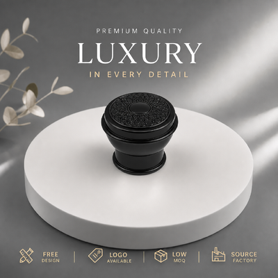 Beli Pabrik Kustom Emboss Zinc Alloy Tutup Parfum Gloss Hitam Relief Floral Metal Tutup Parfum MOQ Rendah Layanan Cetak Logo Kustom pembuatan online