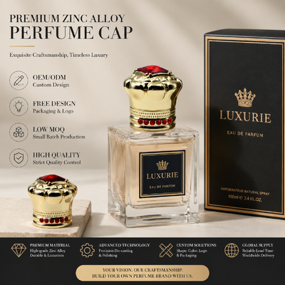 Beli Ukuran Crown Luxury Zinc Alloy Perfume Cap Inlaid Red Rhinestone Custom Logo Gold Plated Zamac Metal Perfume Bottle Lid OEM High-End Fragrance Bottle Cover Magnetic pembuatan online
