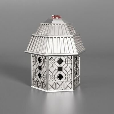 membeli Gaya Rumah Paviliun Mewah Zamac Perfume Cap Hexagon Hollow Lattice Ukiran Dengan Inlaid Pink Gem FEA15 Mulut Seng Alloy Perfume Cover Light Gold Plating Custom Logo Source Factory pembuatan online