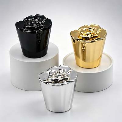 membeli FEA15 Zinc Alloy Perfume Cap 3D Rose Flower Top Tapered Cup-shaped Body Electroplated Metal Perfume Bottle Lid Custom Logo OEM ODM Zamac Perfume Cap pembuatan online