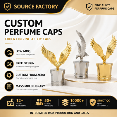 Custom Eagle Shape Zamac Perfume Bottle Cap Luxury Zinc Alloy Screw Perfume Lid, Personalisasi Logam Kosmetik Bottle Caps Pabrik Grosir