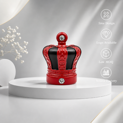 Timur Tengah Mewah Dua warna Merah Hitam Mahkota Seng Alloy Perfume Cap Inlaid Crystal Rhinestone Zamac Bottle Cover Custom Mould Logo Produsen Untuk Arab Oud Perfume