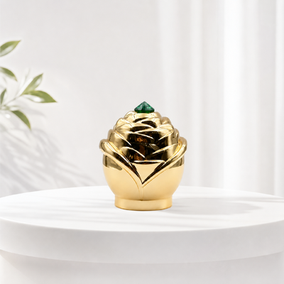 Bunga Ukiran Mawar Sink Alloy Perfume Cap Green Rhinestone Top Golden Perfume Bottle Top Custom Logo