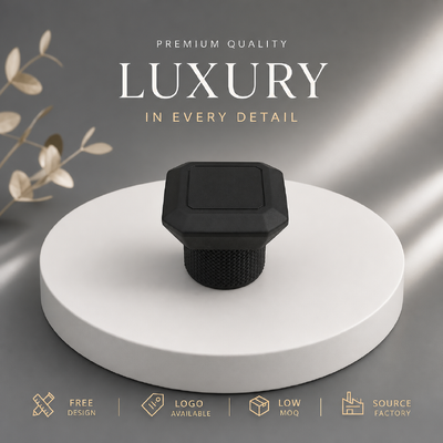 Tutup Pewangi Paduan Seng Bertekstur Knurled Hitam Matte Bentuk Oktagon Logo Ukiran Kustom untuk Kemasan Parfum