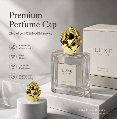 Tutup Botol Parfum Paduan Seng Bentuk Kuncup Teratai Mewah Berlapis Emas Zamac Logo Kustom Penutup Botol Parfum Logam Kemasan OEM Magnetik