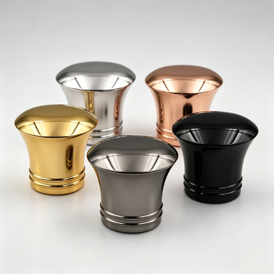 Pabrik Grosir Flared Waist Design Zamac Perfume Cap Double Ring Base Metal Perfume Bottle Cover Gold Silver Rose Gold Black Gunmetal Custom Logo